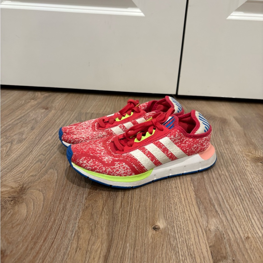 Adidas Red and White Running Shoes with Blue Accents
